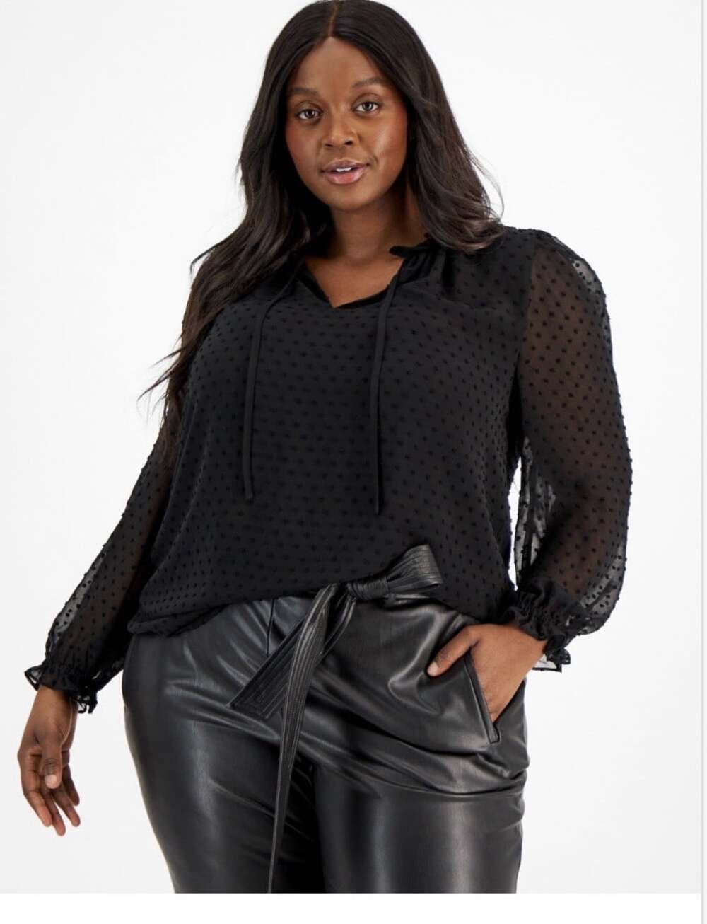 Bar III Plus Size Black Polka Dot Ruffled Tie-Neck Blouse Size 1X New